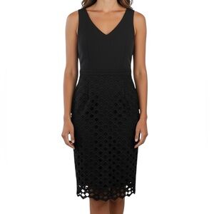 White House Black Market Lattice Overlay Black Sleeveless V-Neck Sheath Dress